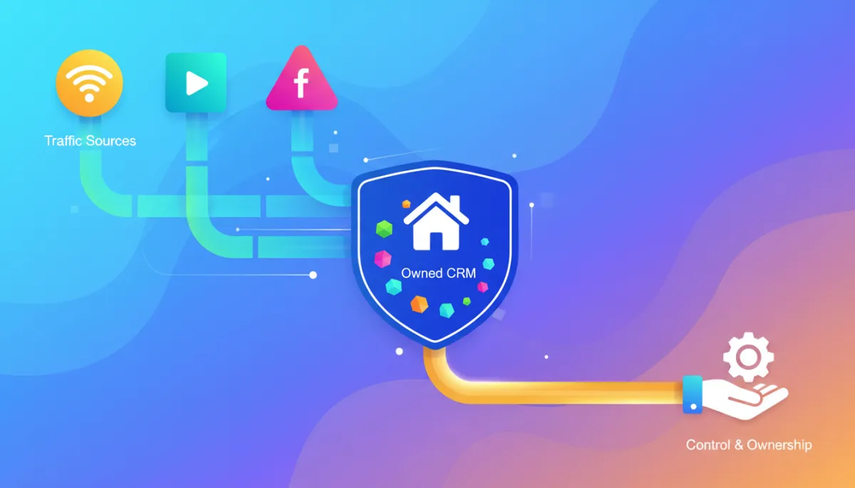 A clean, modern illustration showing a unified business lead pipeline dashboard, with leads flowing from multiple traffic sources into a single, owned CRM. Use playful bright colors, geometric elements, and emphasize control and ownership.