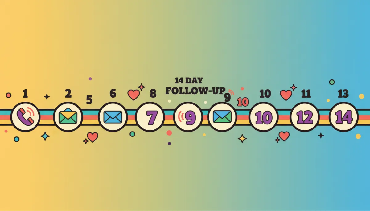 Illustrated 14-day senior care follow-up timeline with multiple touchpoints