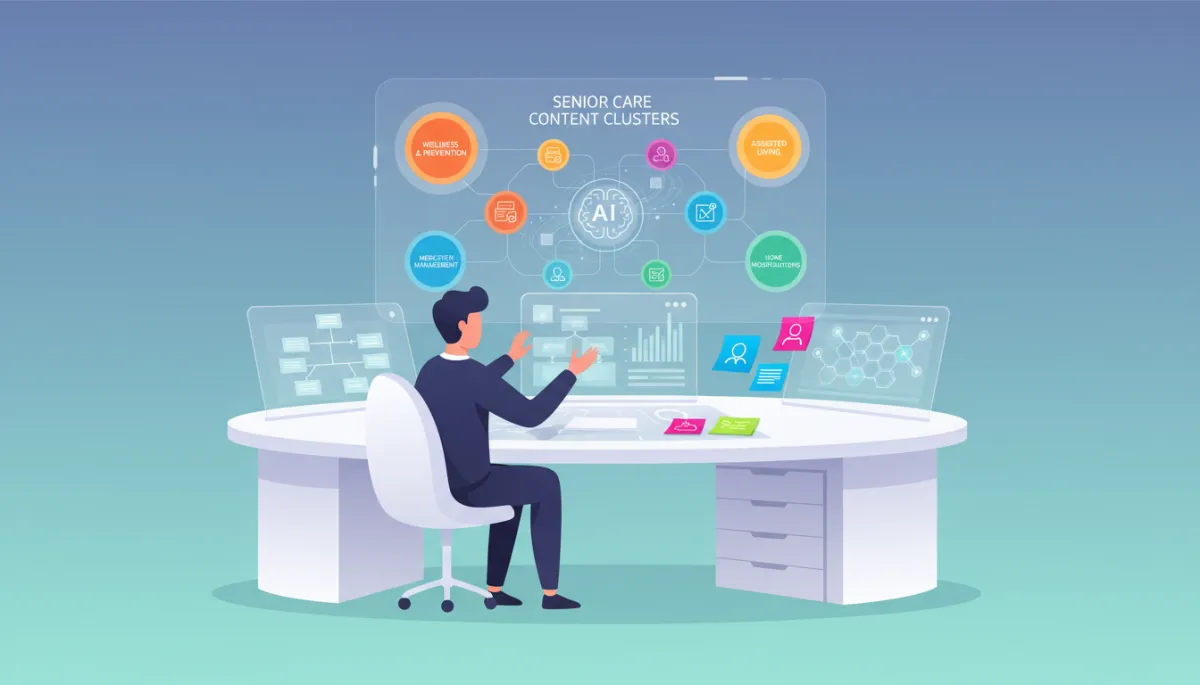 A modern, digital illustration of a strategist planning senior care content clusters for Google AI. Show a contemporary workspace with digital screens, flowcharts, and post-its—minimalist design, vibrant colors, and flat vector style. The scene should convey high-tech strategy and clarity, moving away from retro or oil painting aesthetics.
