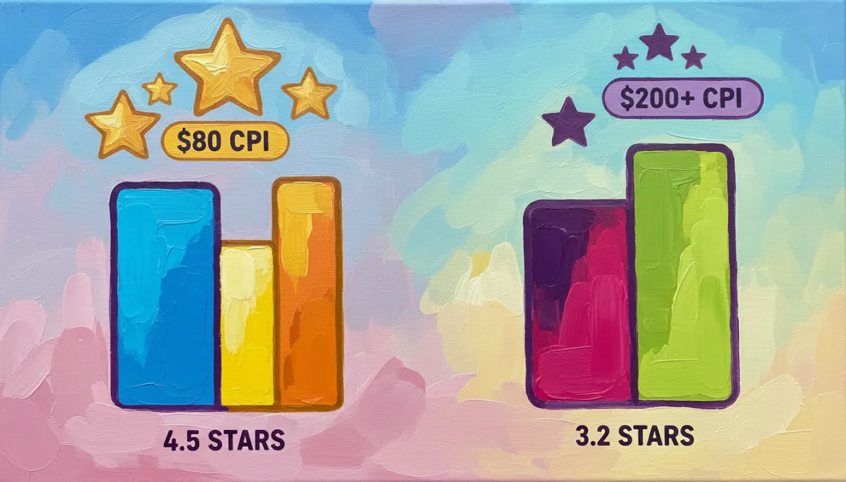 Comparison of cost per inquiry at different star ratings in a canvas oil painting style
