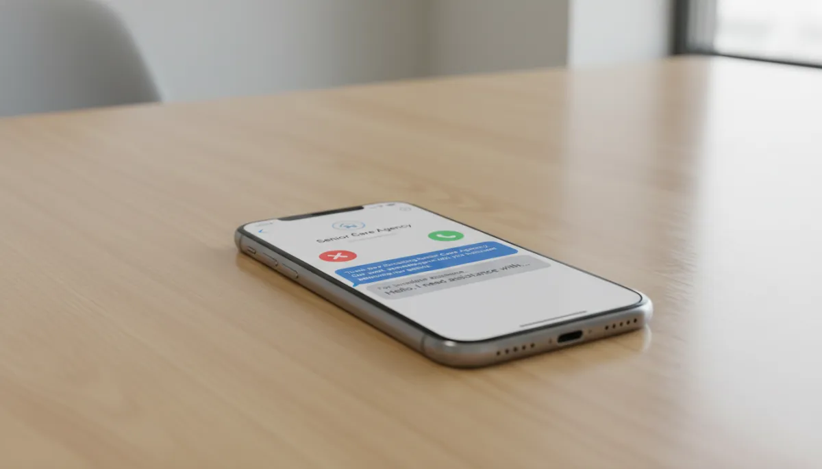 Phone displaying automated missed call text back for a senior care agency