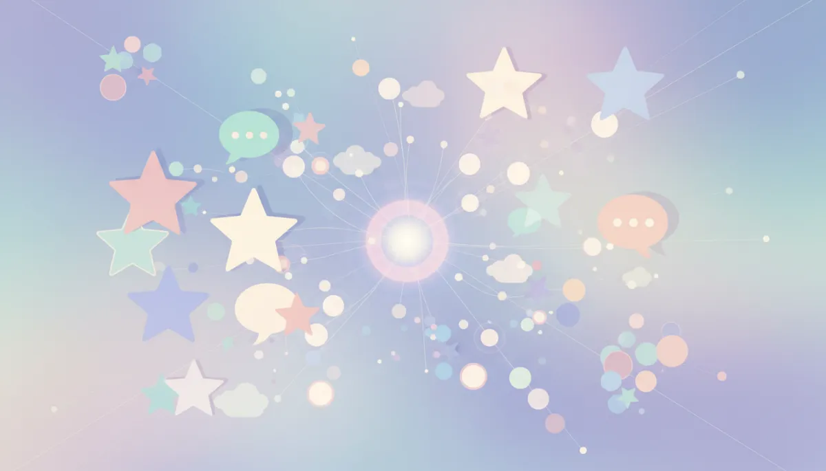 Abstract artistic soft pastel visualization of a connected reputation and review system