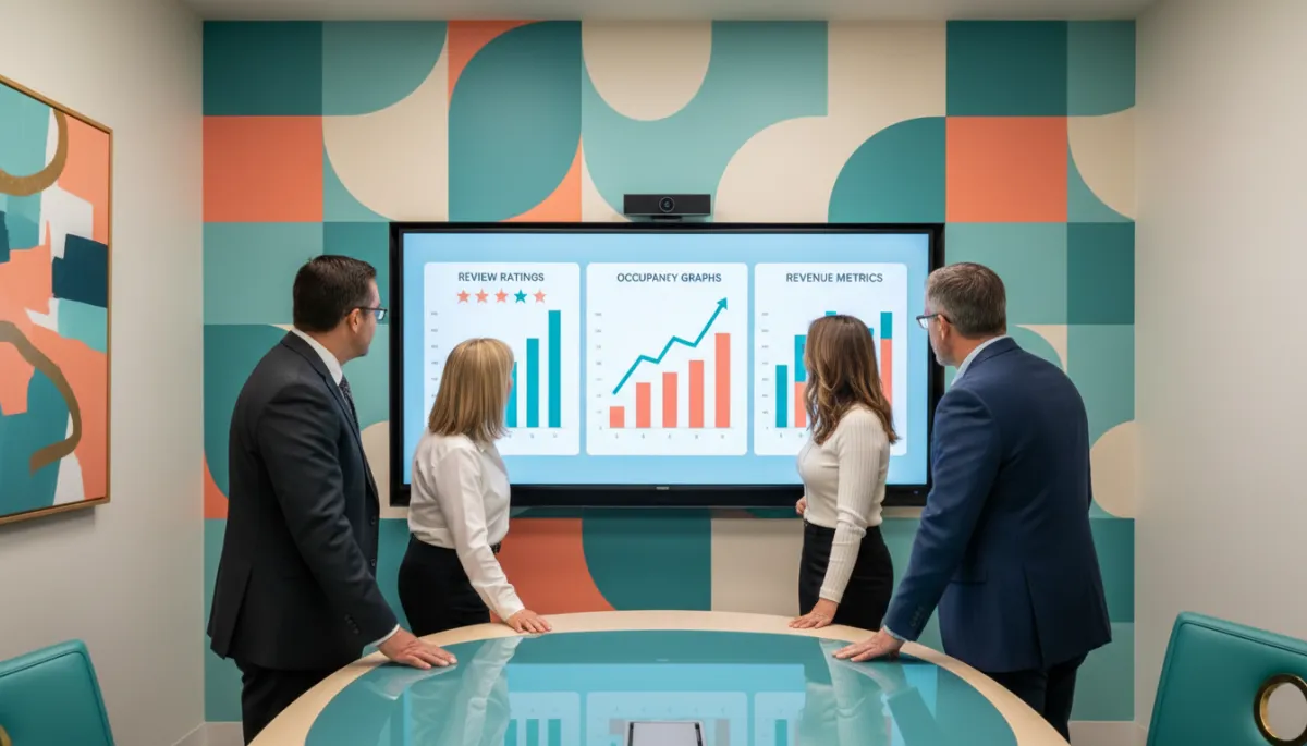 Senior living leadership team reviewing ratings and occupancy metrics on a dashboard