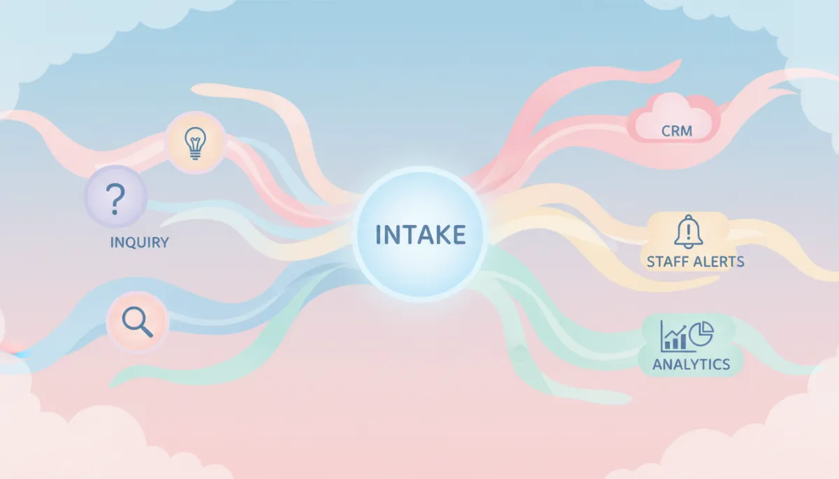 Abstract pastel artwork of an automated intake hub feeding multiple systems