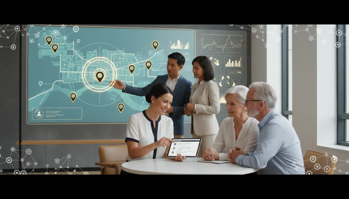 Create a photorealistic, high-resolution image showing a diverse group of senior care providers in a modern office space, collaborating around a large digital screen displaying an interactive map with glowing location pins and AI-generated analytics charts. In the foreground, a senior care advisor is guiding an elderly couple, pointing to relevant search results on a tablet. The setting is bright, professional, and welcoming, with subtle graphic overlays of AI icons and geographic markers. Use the user's chosen color palette: #8B6914 (dark gold), #555 (gray), #ffffff (white), and supporting neutrals. The mood should be trustworthy, forward-thinking, and supportive. Create a photorealistic, high-resolution image showing a diverse group of senior care providers in a modern office space, collaborating around a large digital screen displaying an interactive map with glowing location pins and AI-generated analytics charts. In the foreground, a senior care advisor is guiding an elderly couple, pointing to relevant search results on a tablet. The setting is bright, professional, and welcoming, with subtle graphic overlays of AI icons and geographic markers. Use the user's chosen color palette: #8B6914 (dark gold), #555 (gray), #ffffff (white), and supporting neutrals. The mood should be trustworthy, forward-thinking, and supportive.