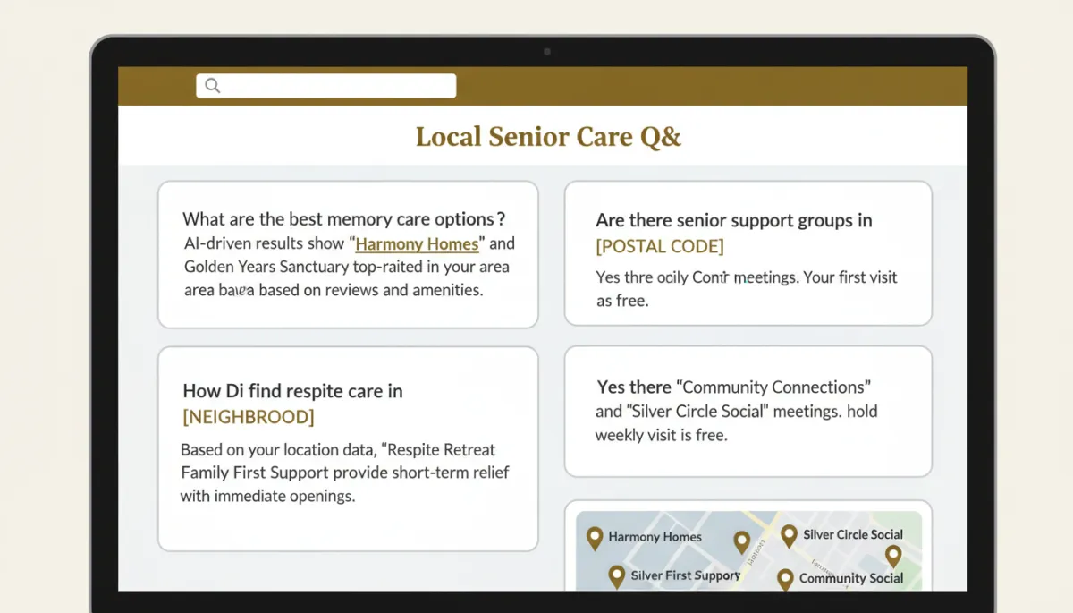 Show an example of GEO-optimized senior care content on a laptop screen. The content should feature local, question-based content for senior care, with interface highlights using the color palette: #8B6914 (dark gold), #555 (gray), #ffffff (white), and supporting neutrals. The style should be clean, modern, and easy to read, demonstrating AI-driven local search results. Show an example of GEO-optimized senior care content on a laptop screen. The content should feature local, question-based content for senior care, with interface highlights using the color palette: #8B6914 (dark gold), #555 (gray), #ffffff (white), and supporting neutrals. The style should be clean, modern, and easy to read, demonstrating AI-driven local search results.