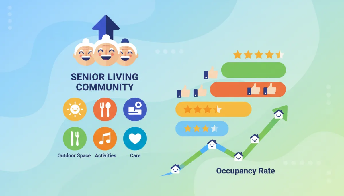A fun and colorful infographic-style illustration showing a senior living community listing with cheerful icons, rising review counts represented as colorful stars or thumbs up, and a playful, upward-trending occupancy graph. Use bold colors and friendly design elements to make the image inviting and engaging. A fun and colorful infographic-style illustration showing a senior living community listing with cheerful icons, rising review counts represented as colorful stars or thumbs up, and a playful, upward-trending occupancy graph. Use bold colors and friendly design elements to make the image inviting and engaging.