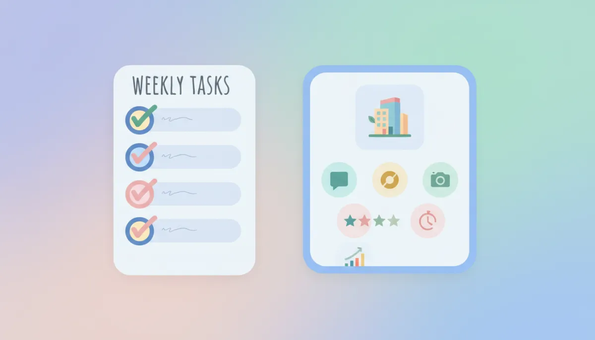 Illustrated weekly Google Business Profile maintenance checklist in soft pastel colors