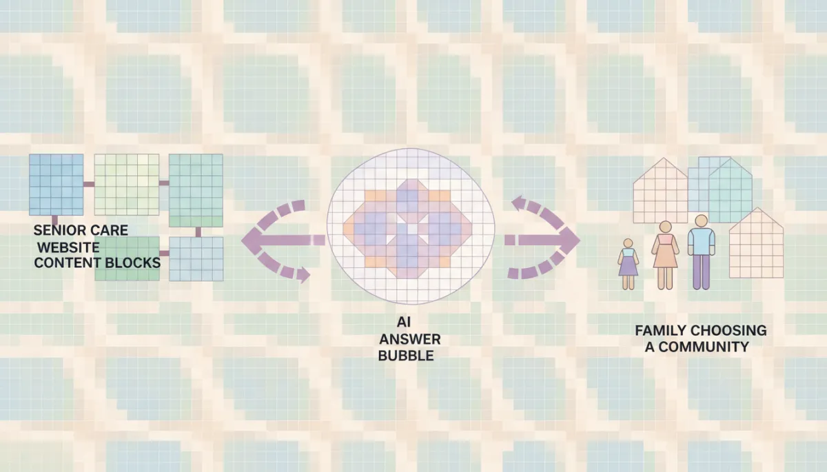 Mosaic patterned pastel diagram of senior care content flowing into AI answers Mosaic patterned pastel diagram of senior care content flowing into AI answers