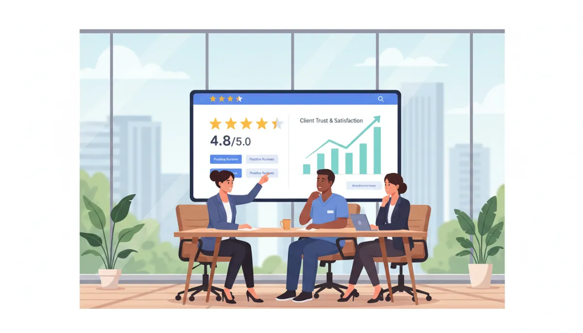 A photorealistic, high-quality image showing a diverse group of senior living community staff—marketing director, caregiver, and administrator—gathered around a modern conference table in a bright, contemporary office. They are engaged in a collaborative discussion while referencing a large digital screen displaying online reviews, star ratings, and a visual chart of positive feedback. The atmosphere is professional and optimistic, with natural light streaming through large windows, subtle greenery in the background, and everyone displaying attentive, confident expressions. The environment conveys the importance of online reputation, teamwork, and client trust in the senior living industry. A photorealistic, high-quality image showing a diverse group of senior living community staff—marketing director, caregiver, and administrator—gathered around a modern conference table in a bright, contemporary office. They are engaged in a collaborative discussion while referencing a large digital screen displaying online reviews, star ratings, and a visual chart of positive feedback. The atmosphere is professional and optimistic, with natural light streaming through large windows, subtle greenery in the background, and everyone displaying attentive, confident expressions. The environment conveys the importance of online reputation, teamwork, and client trust in the senior living industry.