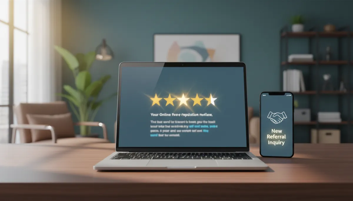 A photorealistic, high-quality image of a professional workspace featuring a modern laptop displaying a glowing five-star rating and positive customer reviews on the screen. Next to the laptop, a smartphone shows a notification with a referral inquiry. In the background, a sleek office setting with soft natural light emphasizes an atmosphere of trust and digital professionalism. The overall composition visually connects strong online reputation with new business opportunities, aligning with the theme A photorealistic, high-quality image of a professional workspace featuring a modern laptop displaying a glowing five-star rating and positive customer reviews on the screen. Next to the laptop, a smartphone shows a notification with a referral inquiry. In the background, a sleek office setting with soft natural light emphasizes an atmosphere of trust and digital professionalism. The overall composition visually connects strong online reputation with new business opportunities, aligning with the theme