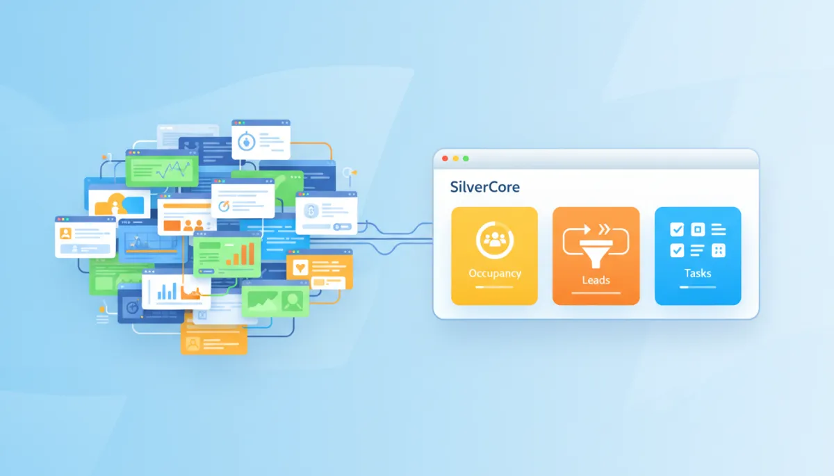 Comparison of fragmented tech stack versus a single unified senior care operating system dashboard Comparison of fragmented tech stack versus a single unified senior care operating system dashboard