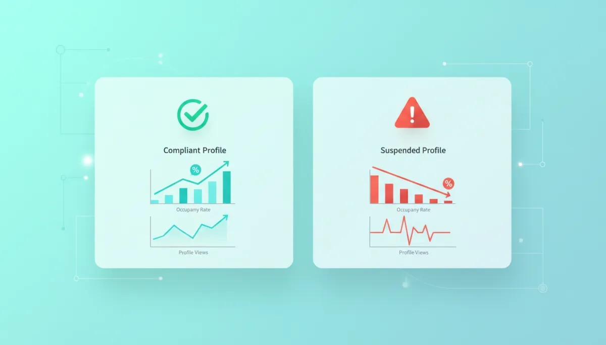 Illustrated comparison of compliant and suspended Google Business Profiles for senior care