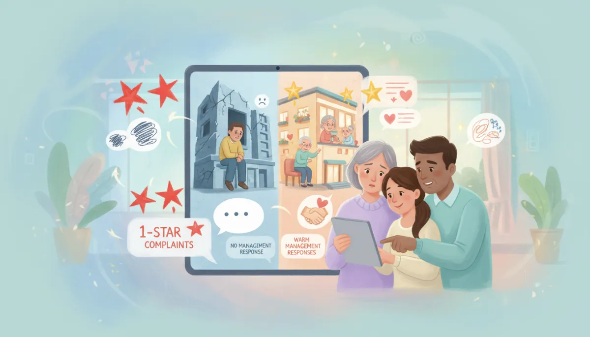 Illustration of families comparing senior living reviews with and without responses in soft pastel colors