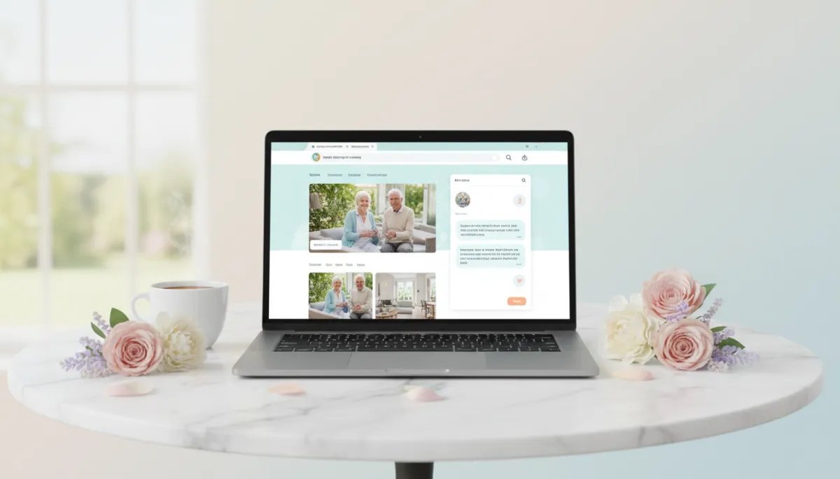Laptop displaying senior living AI search results and a community website Laptop displaying senior living AI search results and a community website