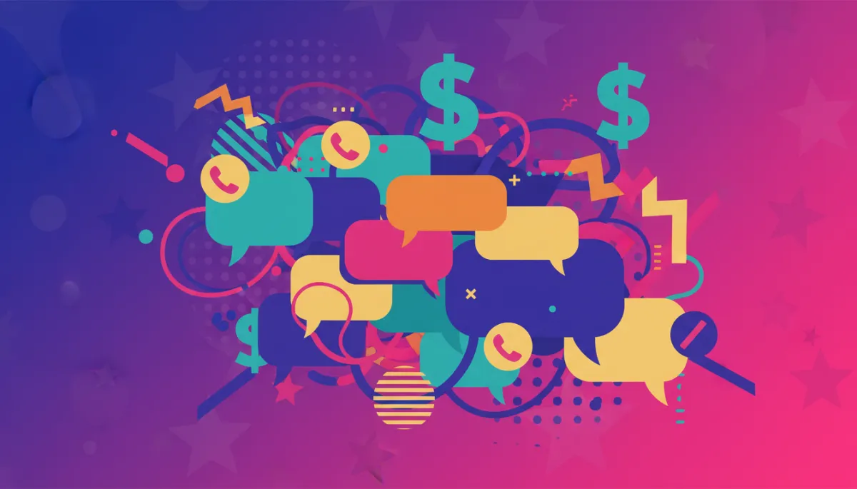 abstract pop retro composition of overlapping chat bubbles, call icons, and dollar signs connected by bold lines, symbolizing automated text-back recovery and ROI
