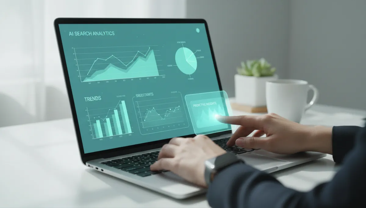 Marketer reviewing AI search performance metrics on a laptop Marketer reviewing AI search performance metrics on a laptop