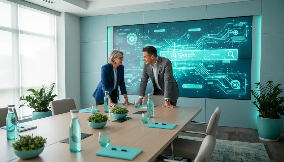 Senior living director meeting with a marketing agency about AI search Senior living director meeting with a marketing agency about AI search