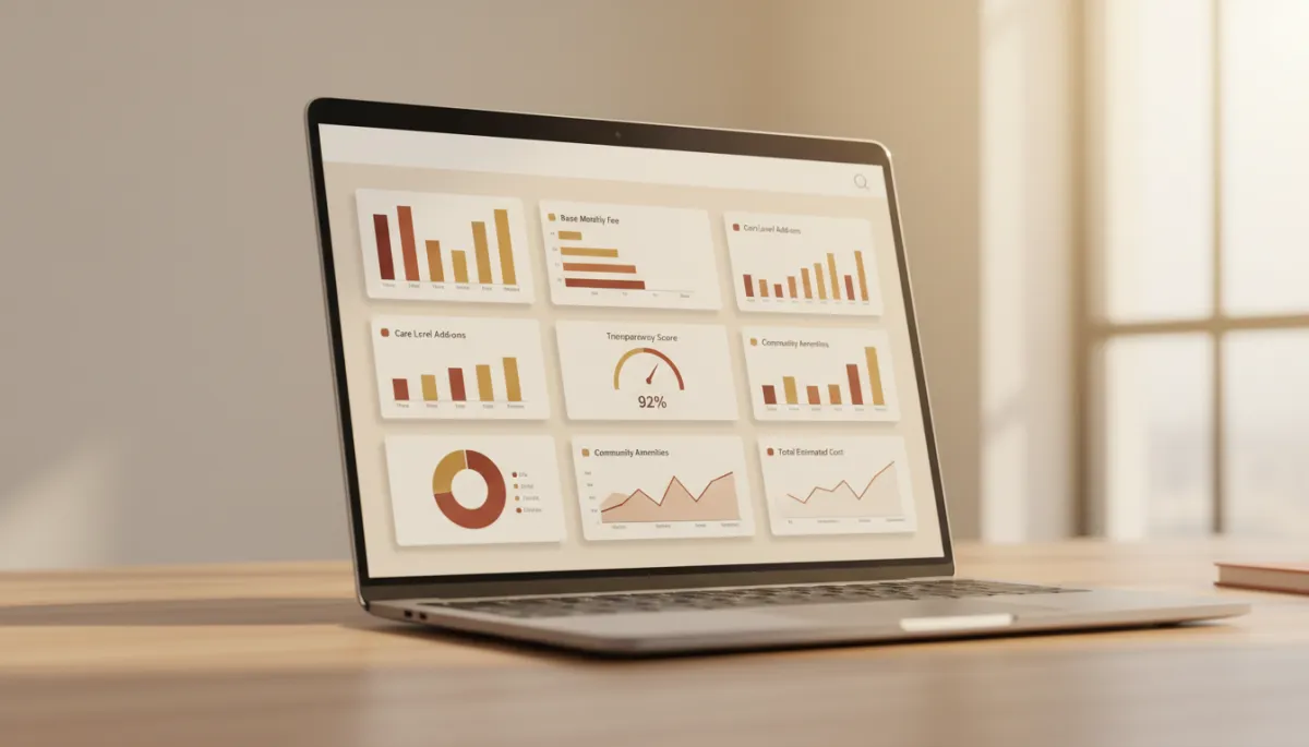 Laptop displaying a clear senior living pricing dashboard with ranges and move-in costs