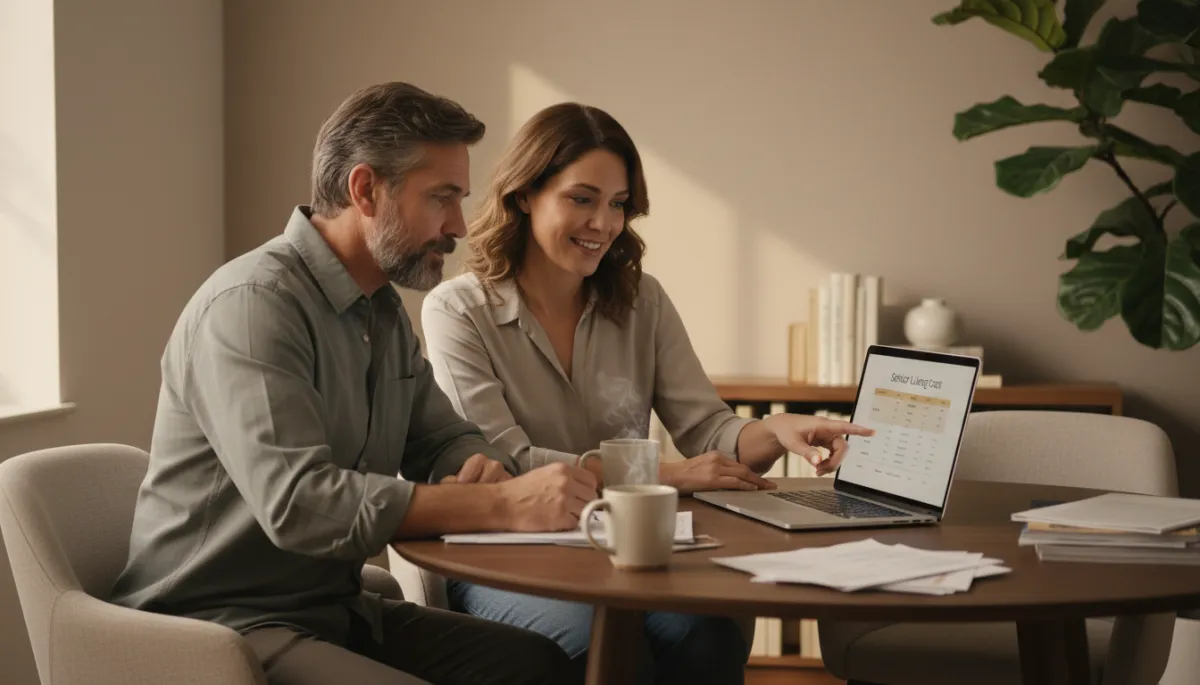 Family reviewing senior living pricing information together on a laptop