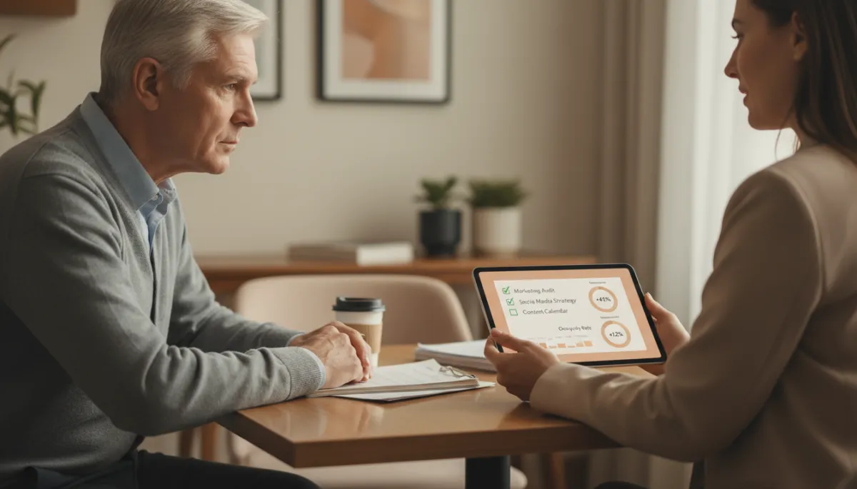 Agency strategist presenting Google Business Profile management checklist and performance charts