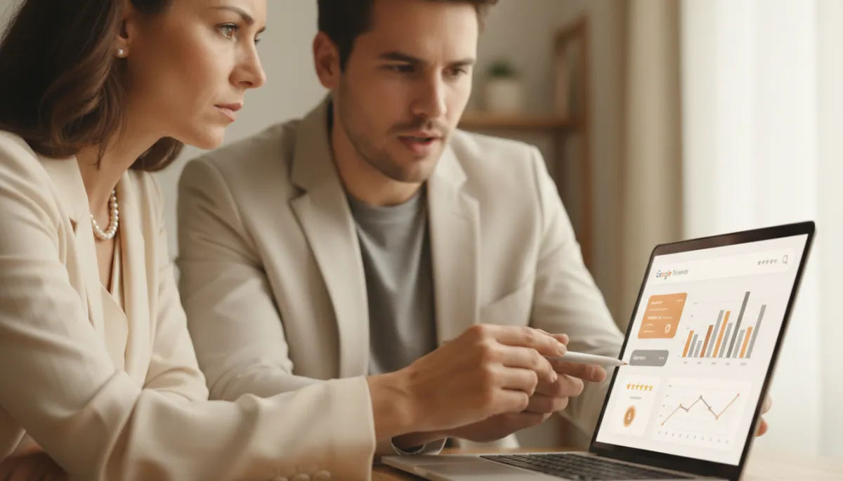 Business owner and agency partner reviewing Google Business Profile reviews dashboard