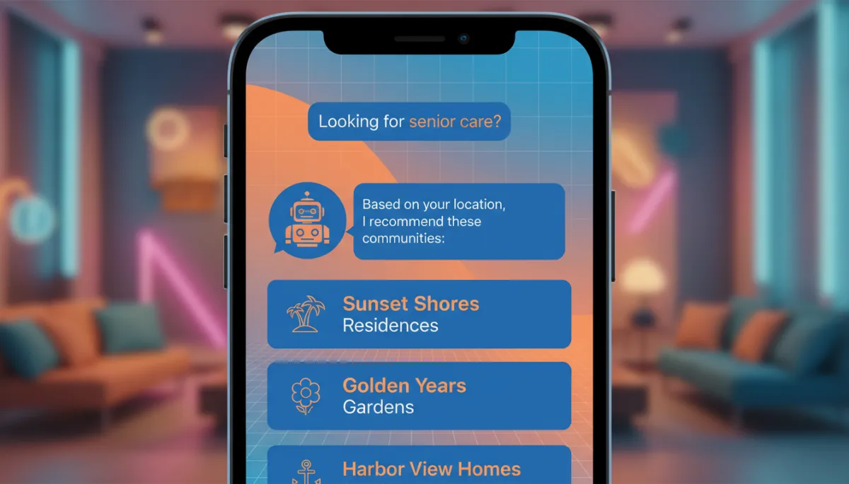 Smartphone showing AI-generated senior care recommendations in a chat interface Smartphone showing AI-generated senior care recommendations in a chat interface