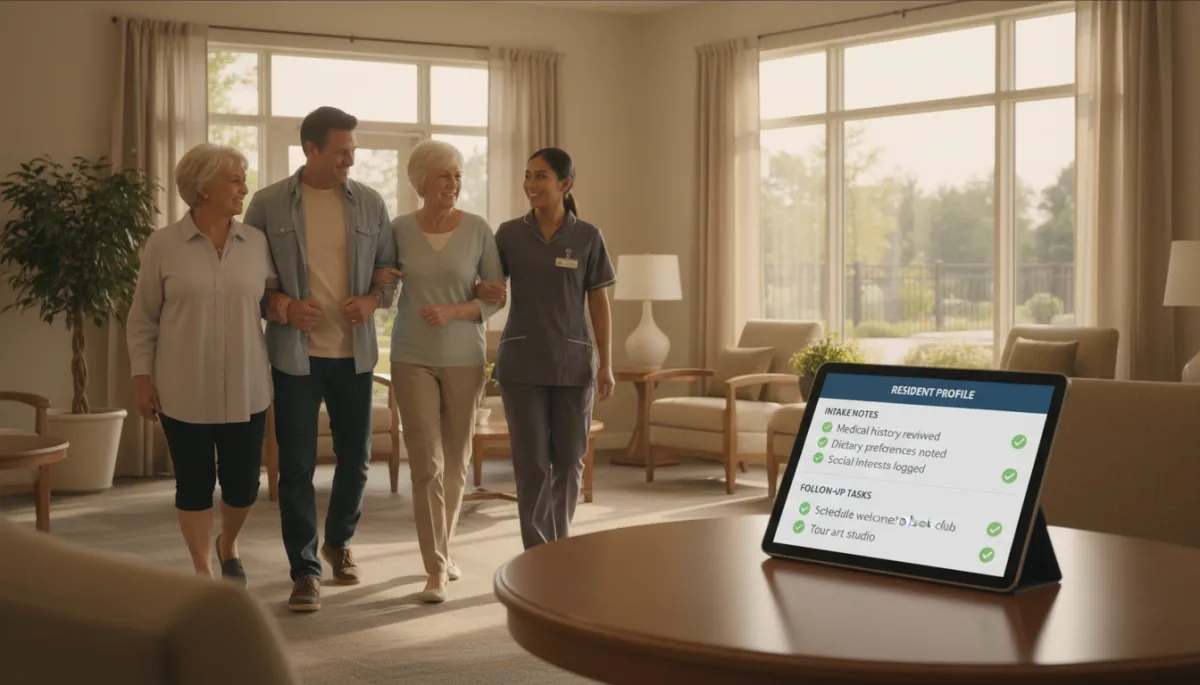 Family touring a senior living community while intake details are handled by AI on a tablet Family touring a senior living community while intake details are handled by AI on a tablet