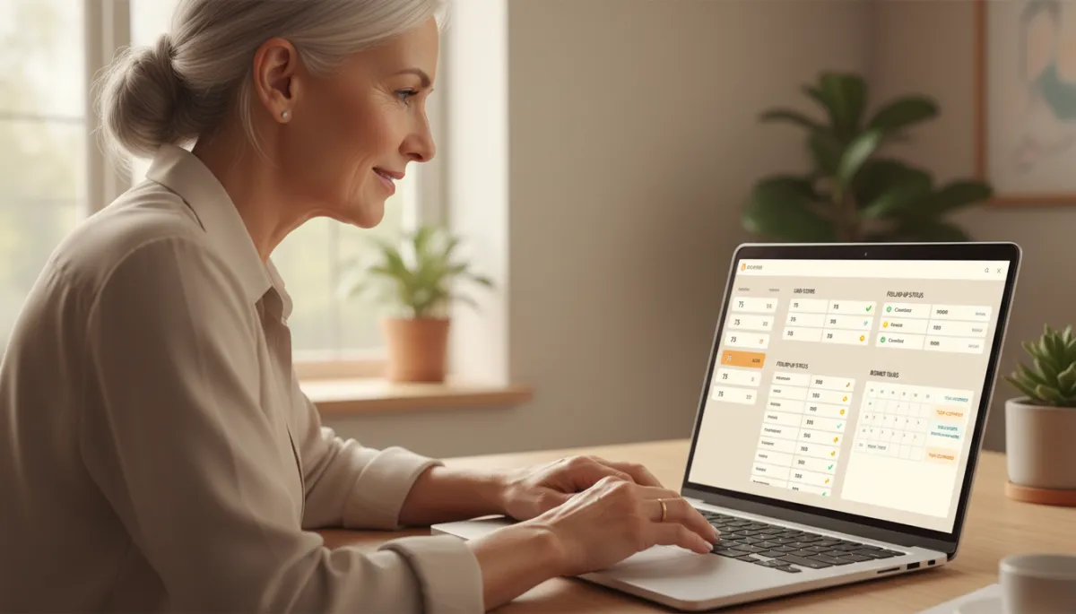 Senior care coordinator viewing an AI intake dashboard with lead and follow-up metrics Senior care coordinator viewing an AI intake dashboard with lead and follow-up metrics