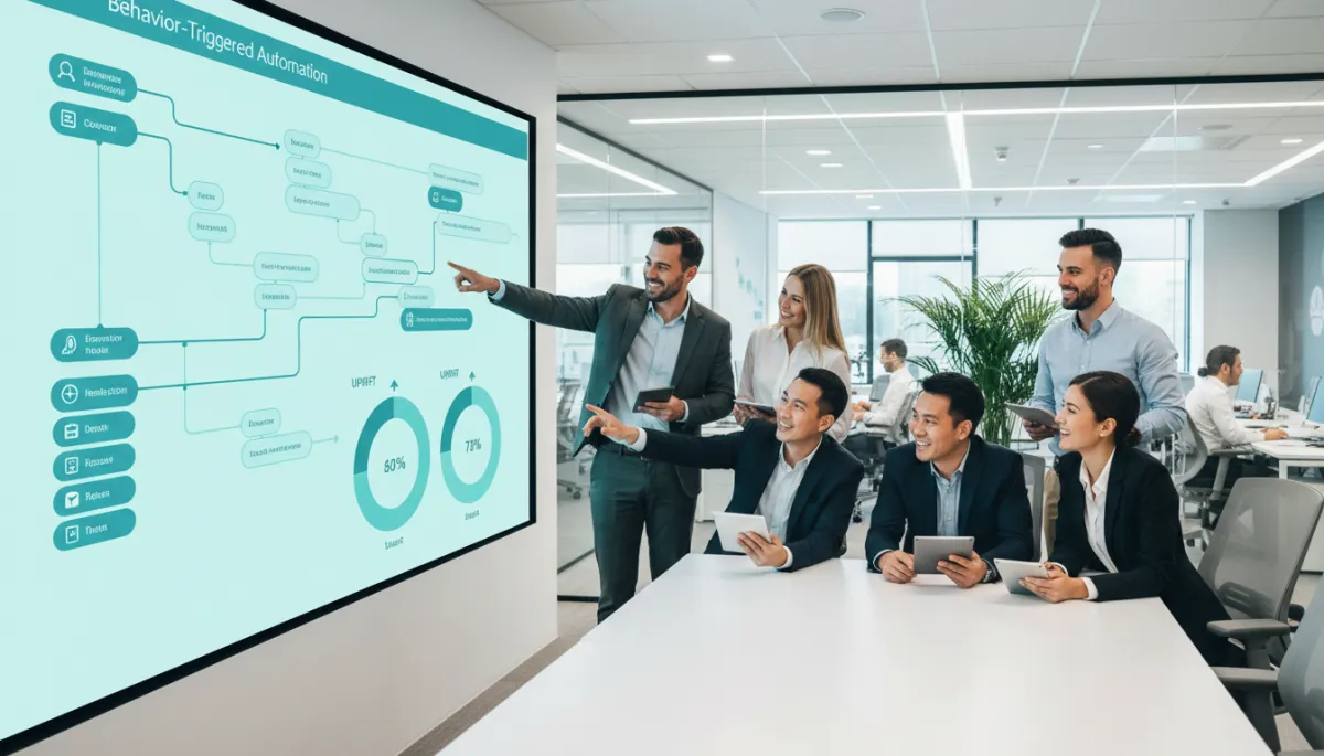 Team reviewing behavior-triggered automation flows and uplift in conversions Team reviewing behavior-triggered automation flows and uplift in conversions