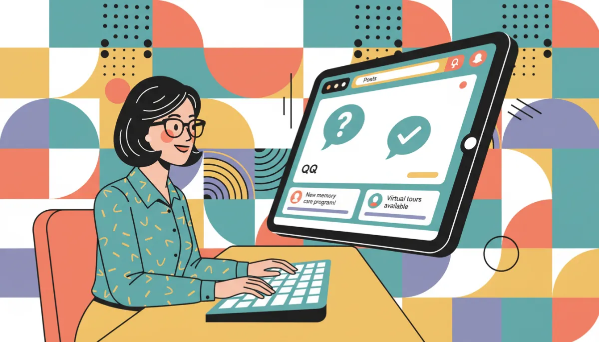 modern clean pop retro style illustration of a senior care marketer answering Q&A and posting short updates inside a Google Business Profile interface