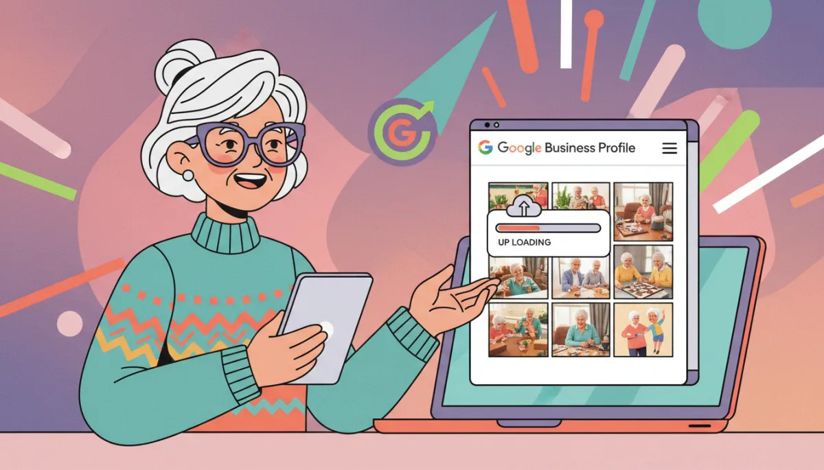 modern clean pop retro style illustration of a senior care team member uploading new community photos to a Google Business Profile dashboard on a laptop