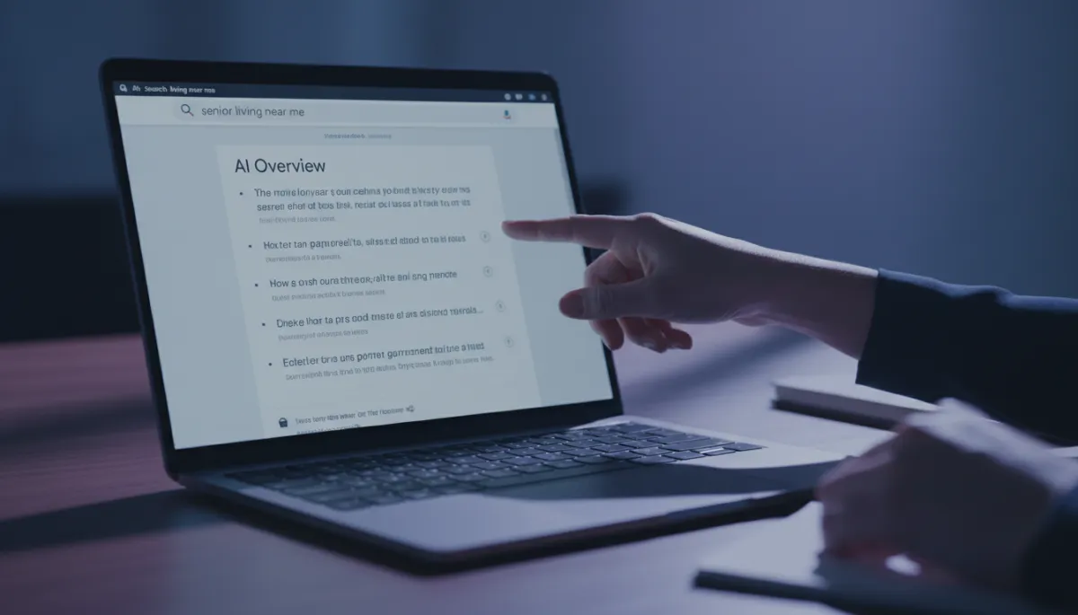 Marketer reviewing AI citations for a senior living community on a laptop