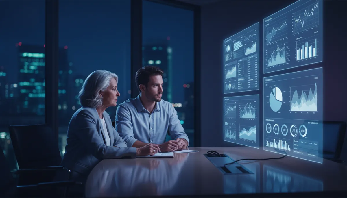 Senior living executive and agency partner reviewing AI search analytics