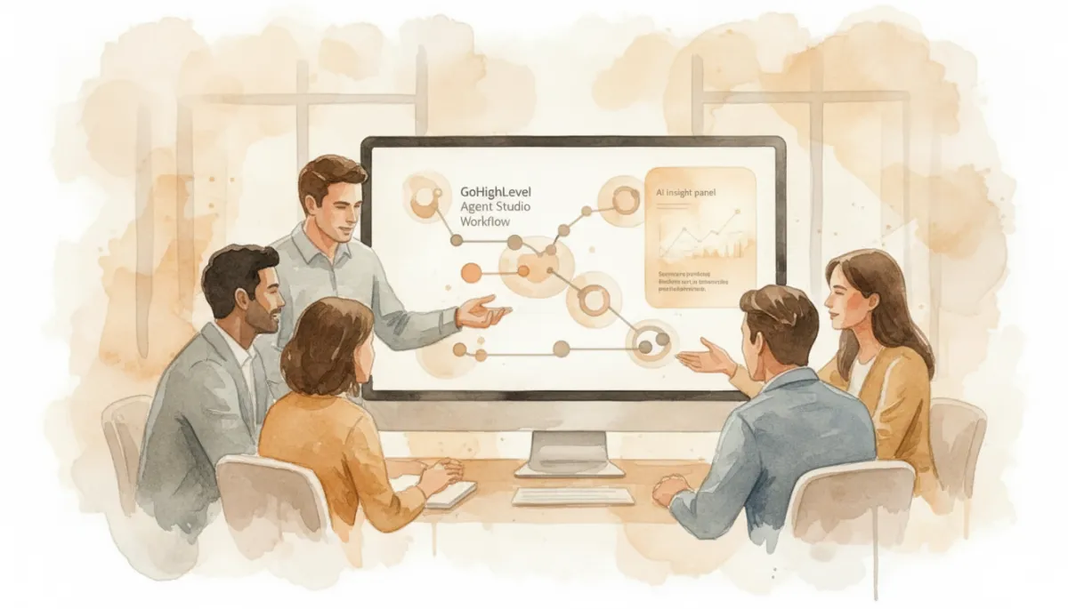 Team reviewing GoHighLevel Agent Studio workflow with AI performance insights