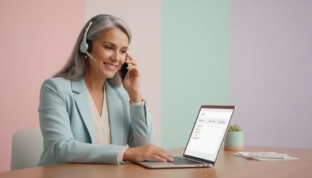 Senior living sales counselor making follow-up calls at a desk