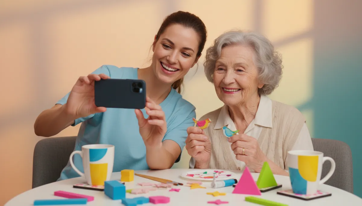 Caregiver taking a candid photo while doing crafts with a resident