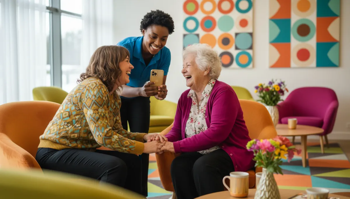 Family member laughing with a resident while staff captures a photo