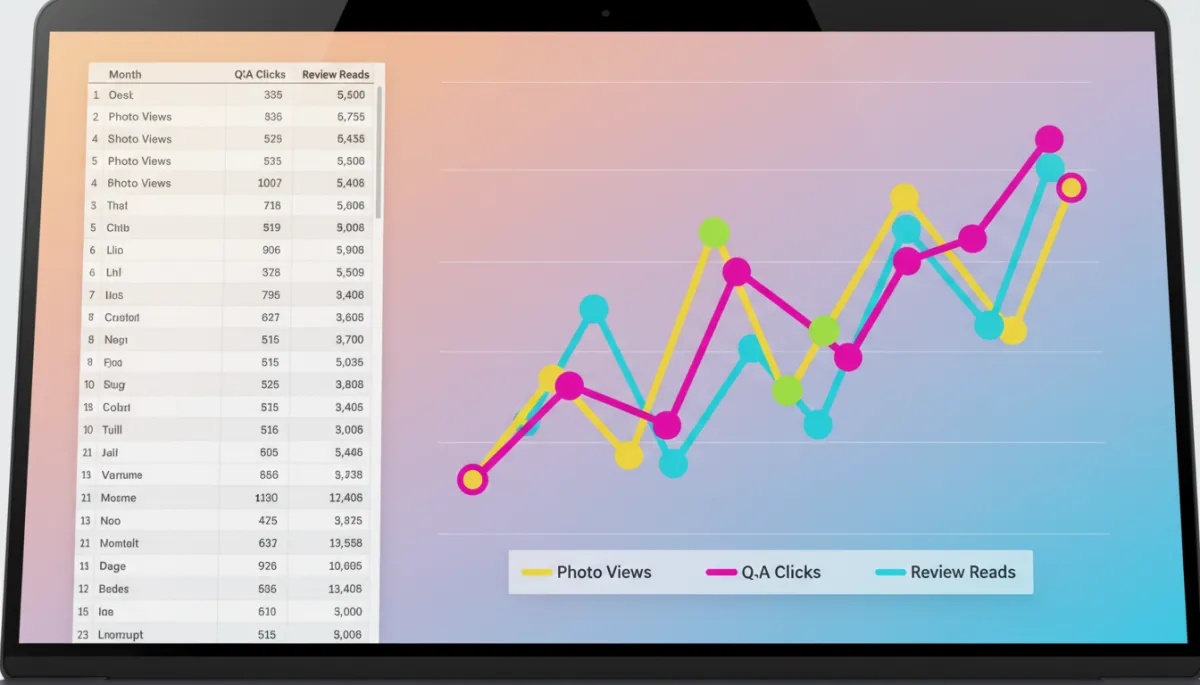 Spreadsheet tracking interaction metrics like photo views and Q&A clicks