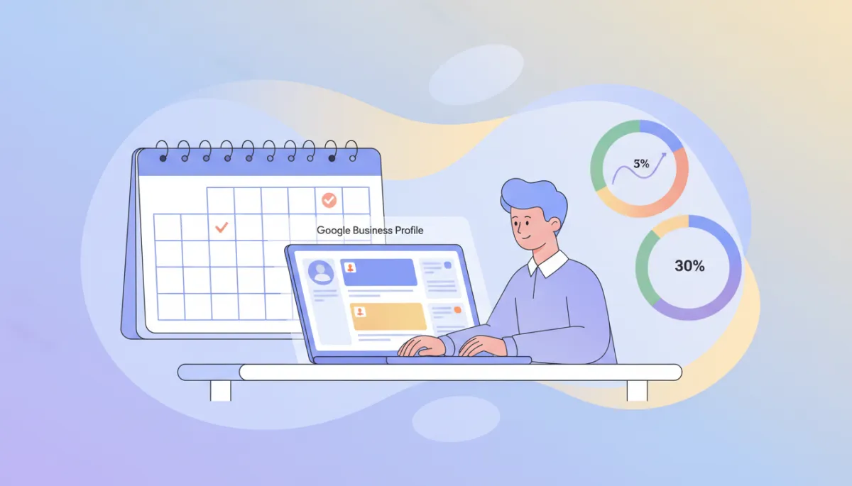 Marketer scheduling Google Business Profile posts with engagement charts in soft pastel colors Marketer scheduling Google Business Profile posts with engagement charts in soft pastel colors
