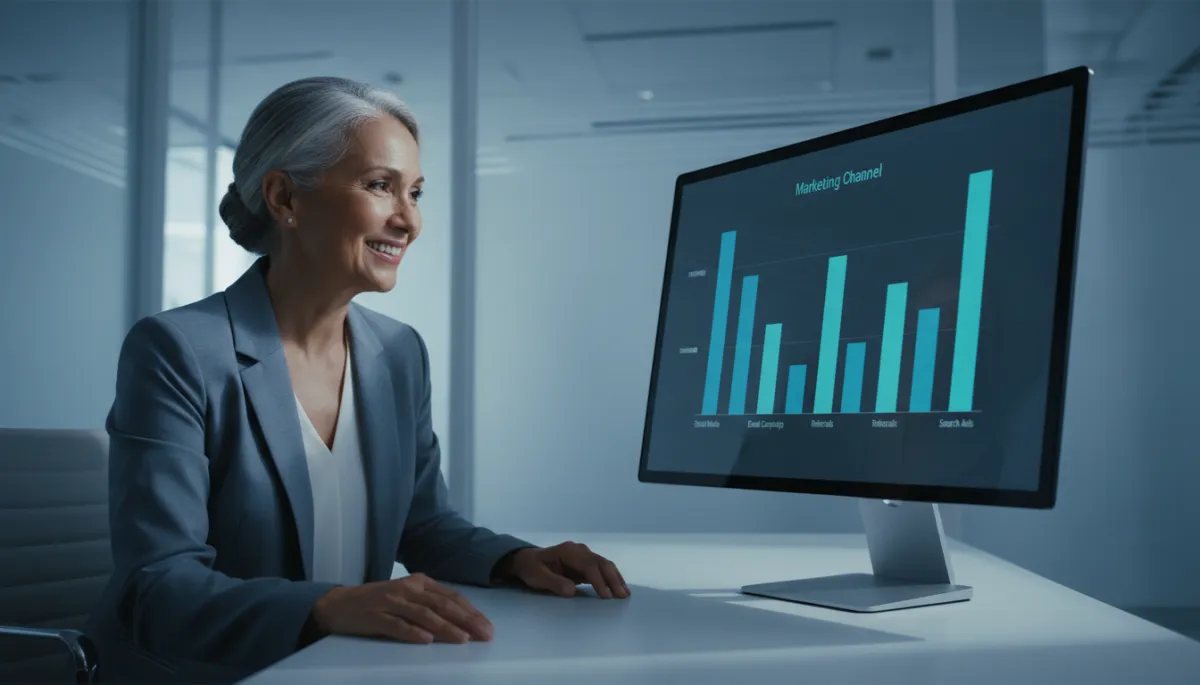 Senior care owner reviewing clear marketing performance charts on a monitor