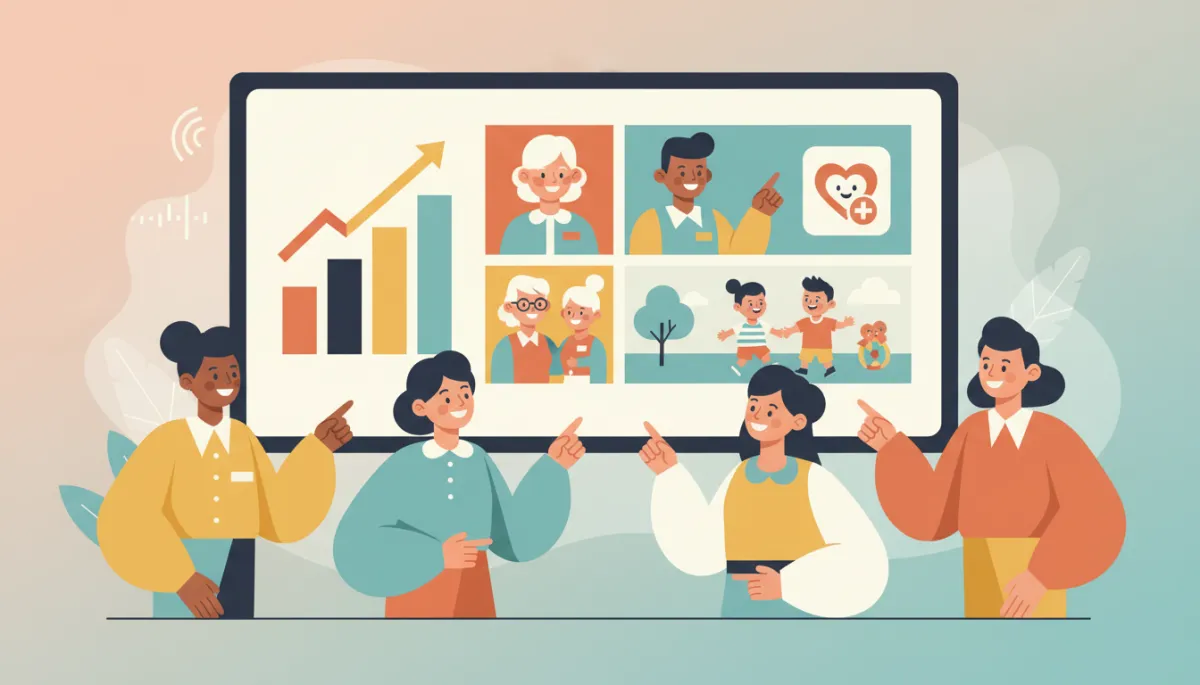 Marketing team reviewing caregiver-focused upstream content and engagement metrics Marketing team reviewing caregiver-focused upstream content and engagement metrics