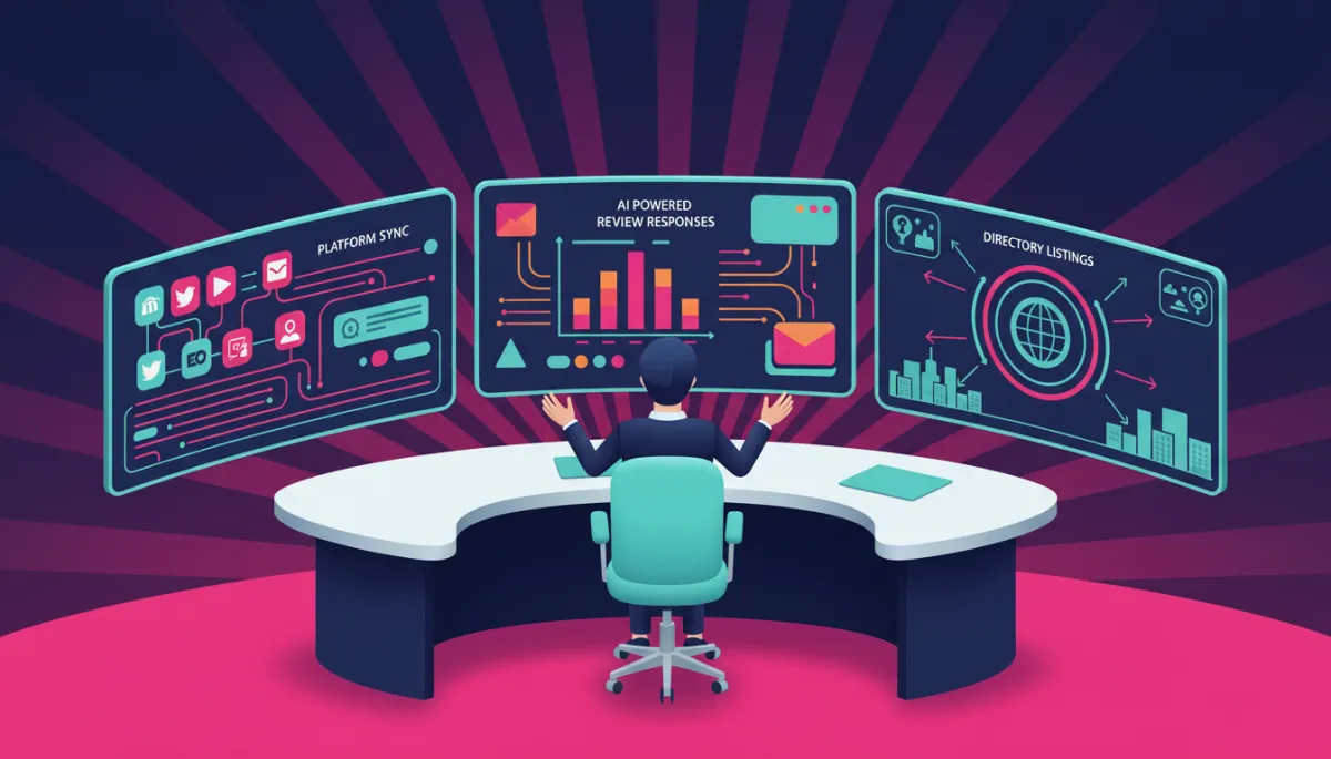 Business owner monitoring AI-powered review responses and synced directory listings