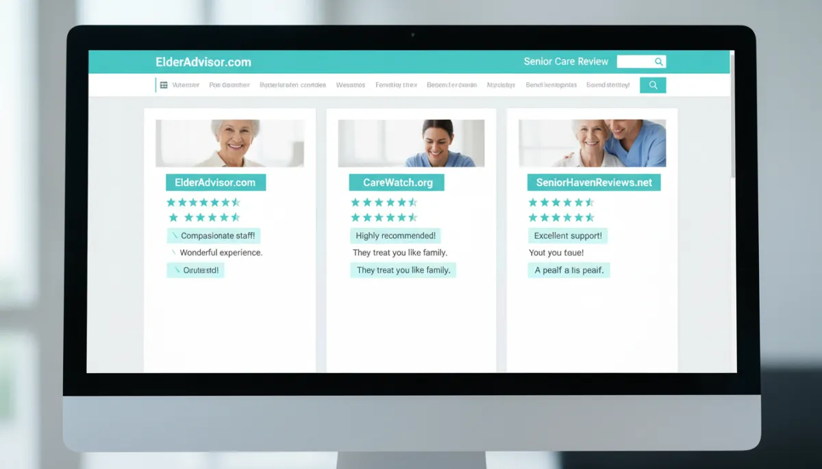 Computer monitor displaying several senior care review platforms with ratings and comments