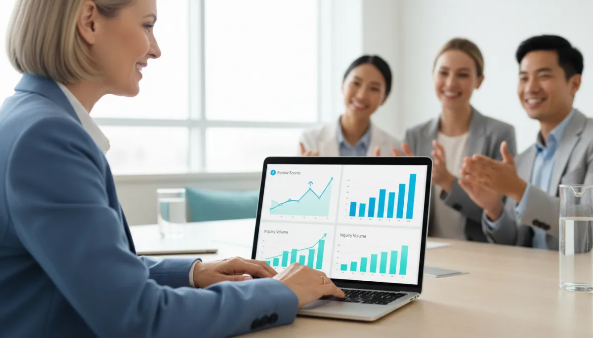 Senior care leader reviewing an analytics dashboard showing improving online reputation metrics