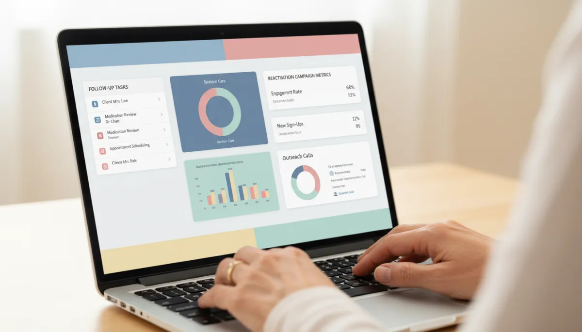 photographic realistic close-up of a laptop screen showing soft pastel-colored CRM dashboard with follow-up tasks and reactivation campaign metrics, senior care operator’s hands on keyboard
