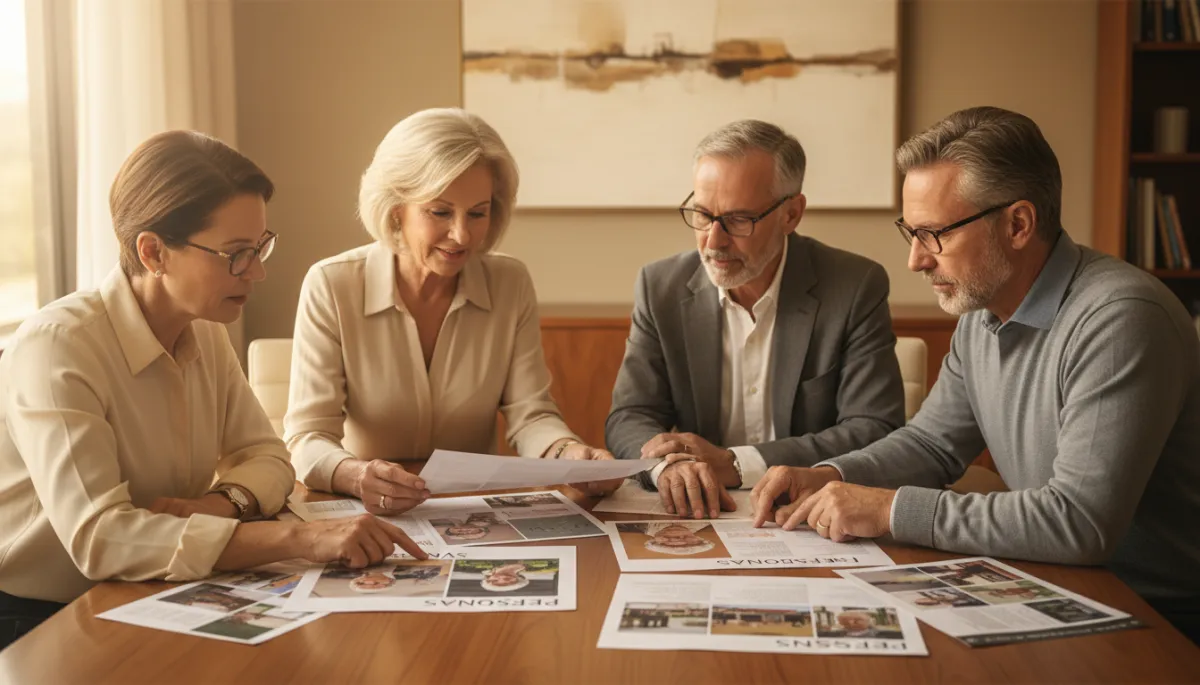Senior living marketing team reviewing personas and campaign materials at a table
