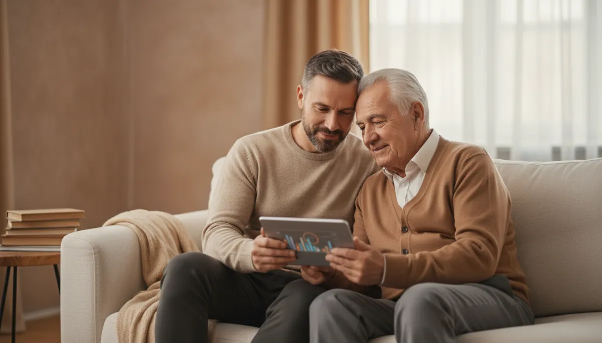 Male caregiver sitting with his elderly father reviewing information on a tablet