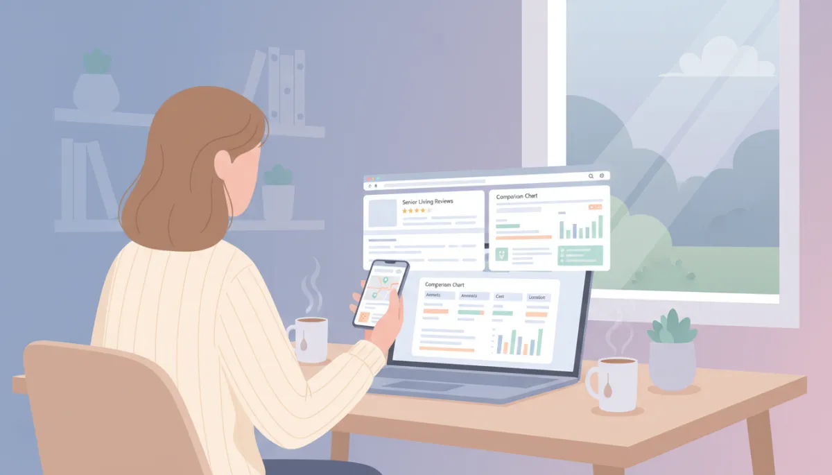 Gen X adult child comparing senior living communities online in a modern, clean pastel style Gen X adult child comparing senior living communities online in a modern, clean pastel style
