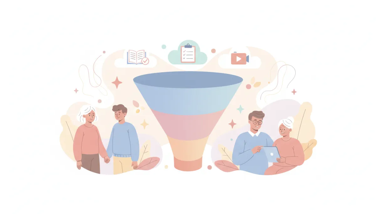 Pastel illustration of a digital content funnel tailored to Gen X senior living decision-makers Pastel illustration of a digital content funnel tailored to Gen X senior living decision-makers